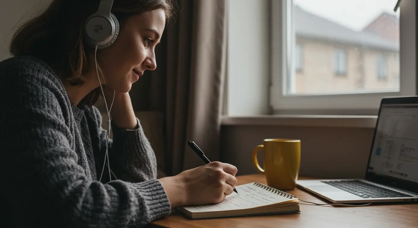 英語の音楽を聴きながら発音練習する様子