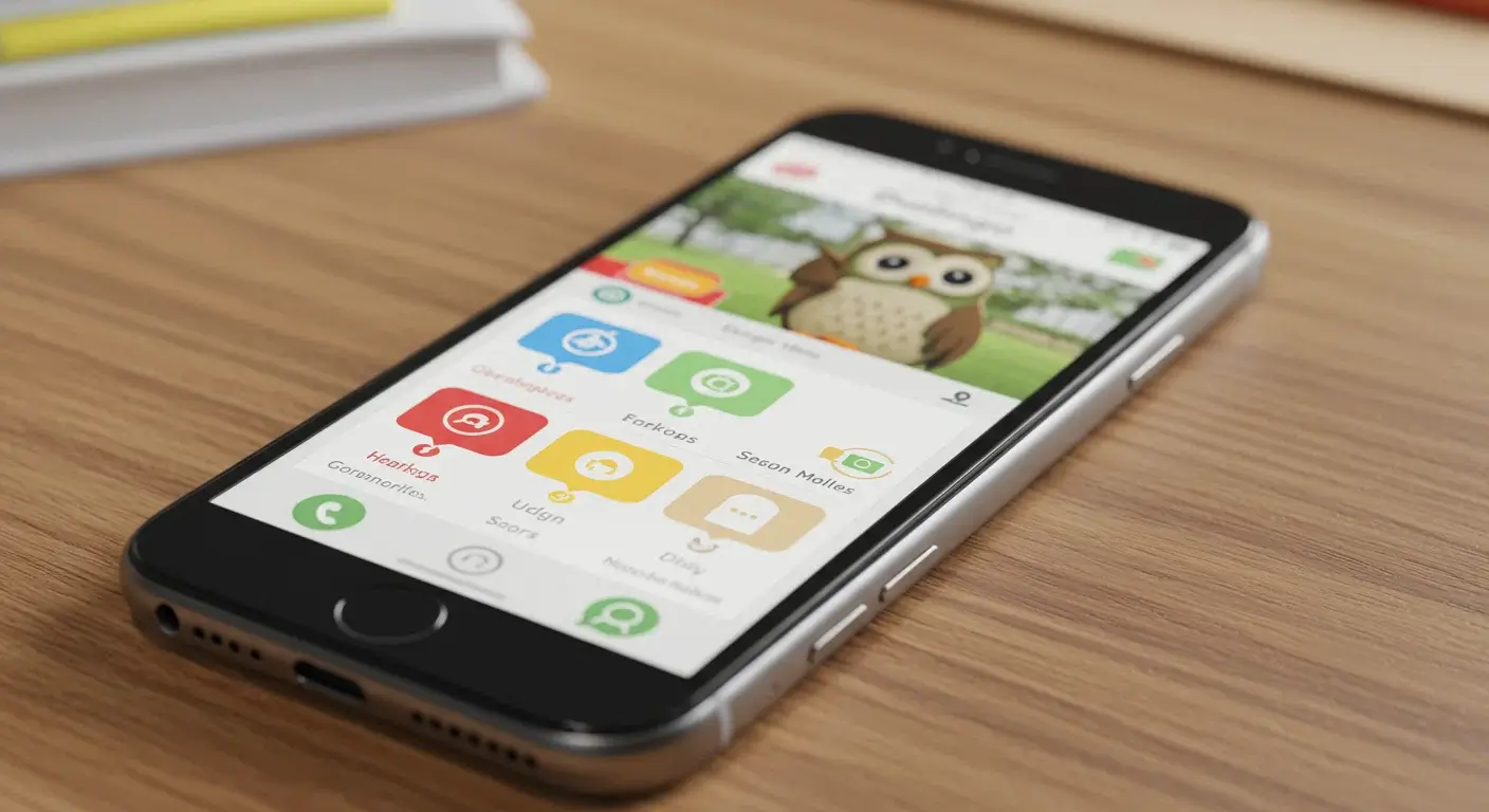 Duolingoアプリのインターフェースと特徴的な緑のフクロウのキャラクター