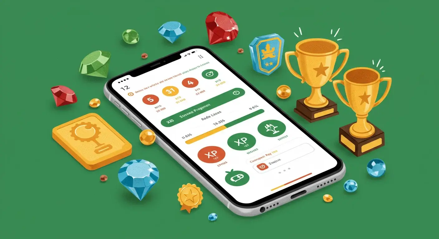 Duolingoのゲーミフィケーション要素を示す画面とストリーク機能