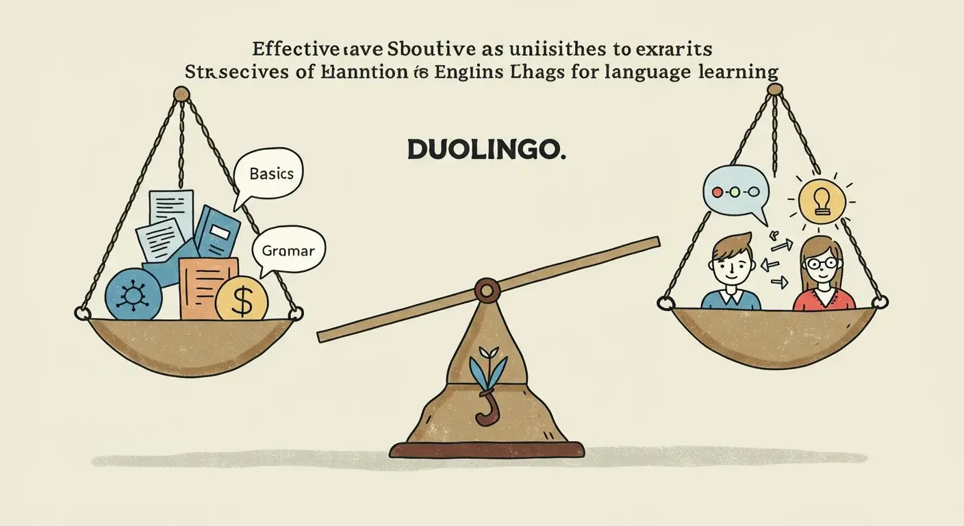 Duolingoの効果と限界、最適な活用法を示す概念図